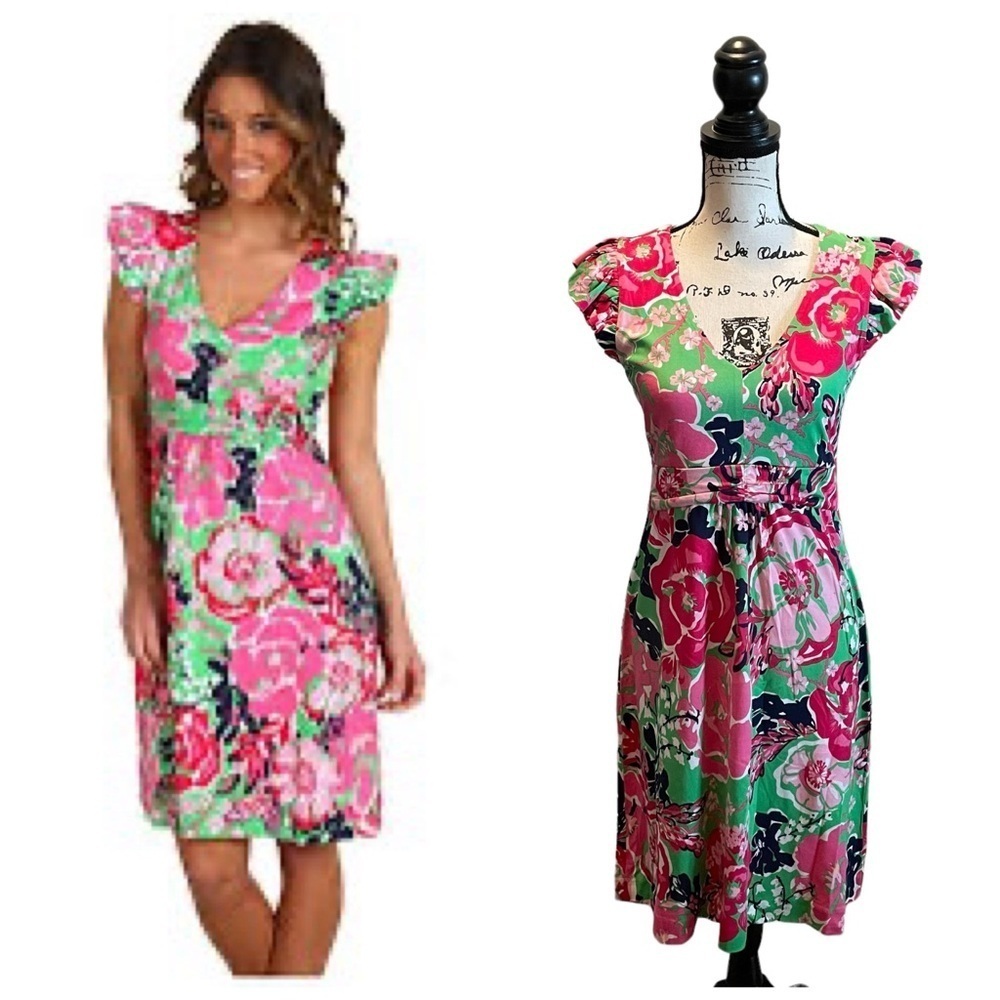 Lilly Pulitzer Floral Dress Ruffle Cap Sleeve Pink Green Size Small 26316 NWOT